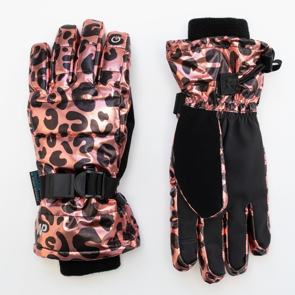 Girls Rose Gold Leopard Foil Gloves Weather Proof Insulation Touch S/M